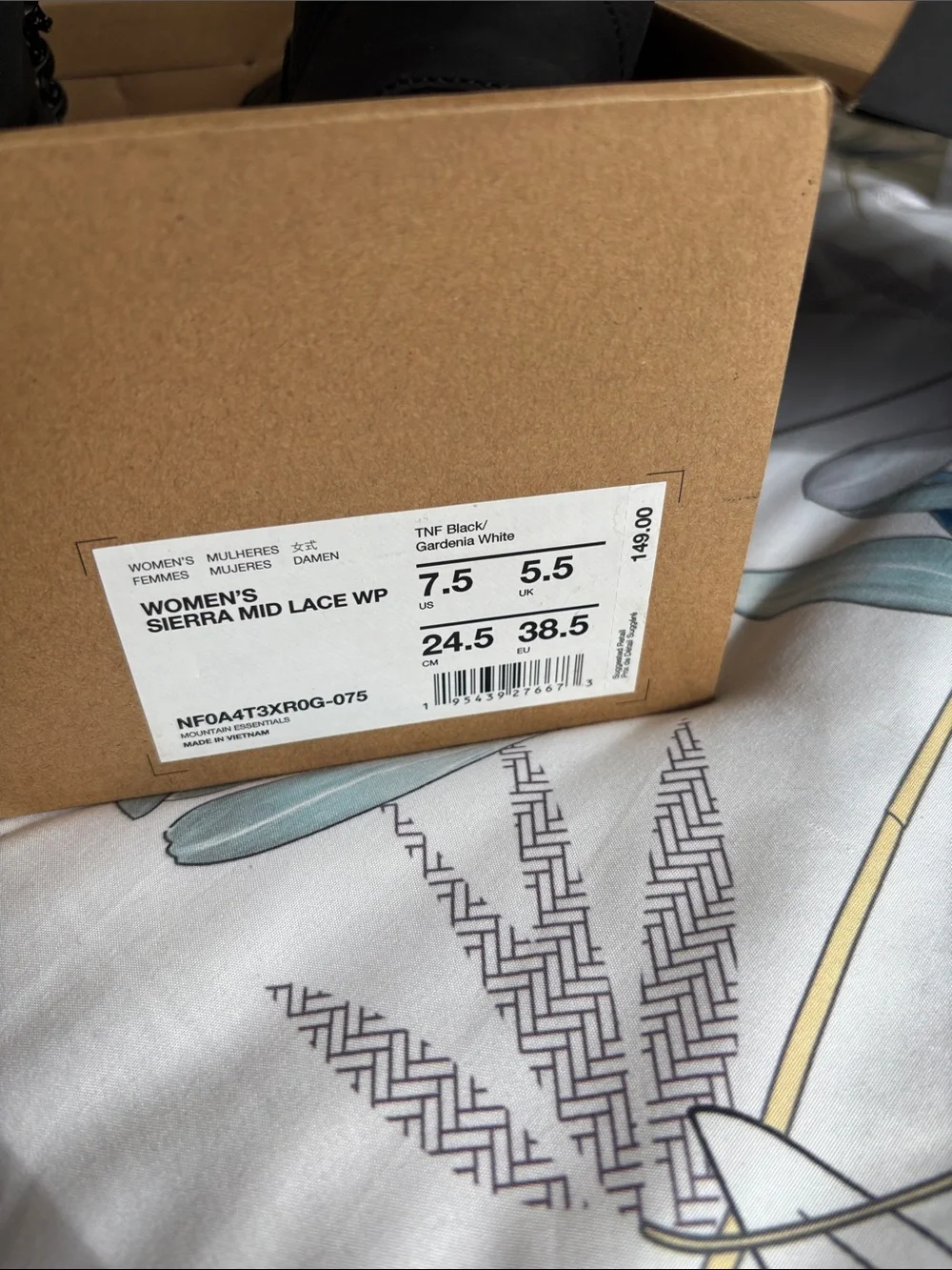 The North Face Black and White Women's Sierra Mid Lace WP Box Label